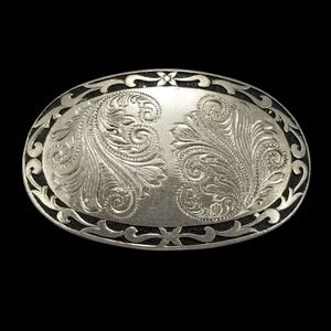 Western Silver Tone Oval Belt Buckle‎ Engraved Paisley Floral Scroll Filigree